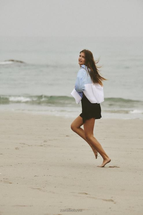 moterys Zara dryžuoti poplino marškinėliai mėlyna/balta apranga 4N488453