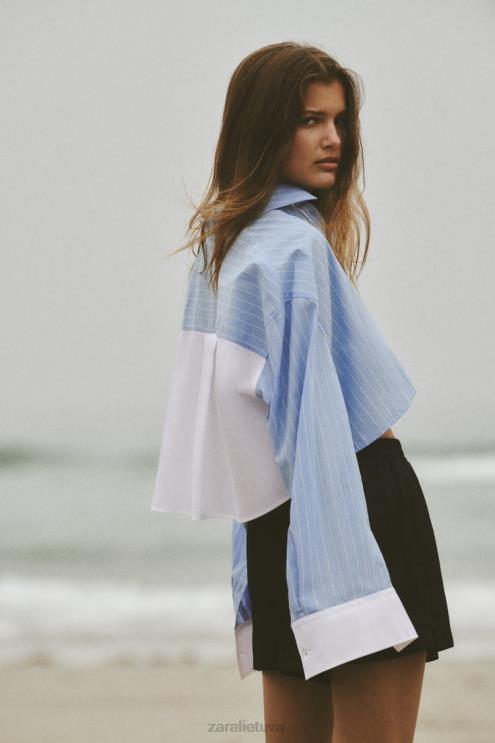 moterys Zara dryžuoti poplino marškinėliai mėlyna/balta apranga 4N488453