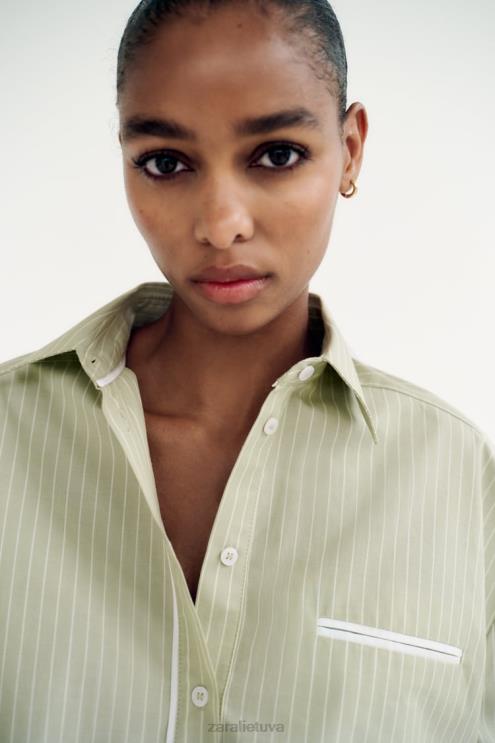moterys Zara dryžuoti poplino marškinėliai šviesiai žalia apranga 4N488439
