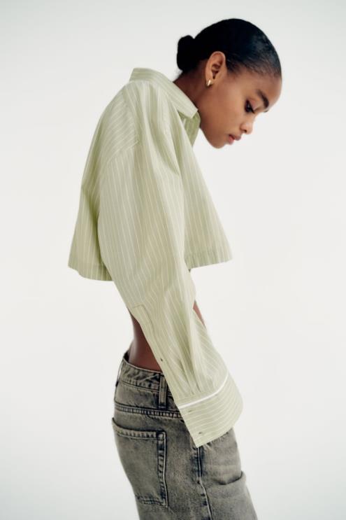 moterys Zara dryžuoti poplino marškinėliai šviesiai žalia apranga 4N488439