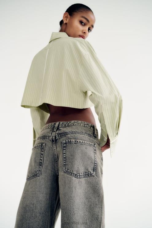 moterys Zara dryžuoti poplino marškinėliai šviesiai žalia apranga 4N488439