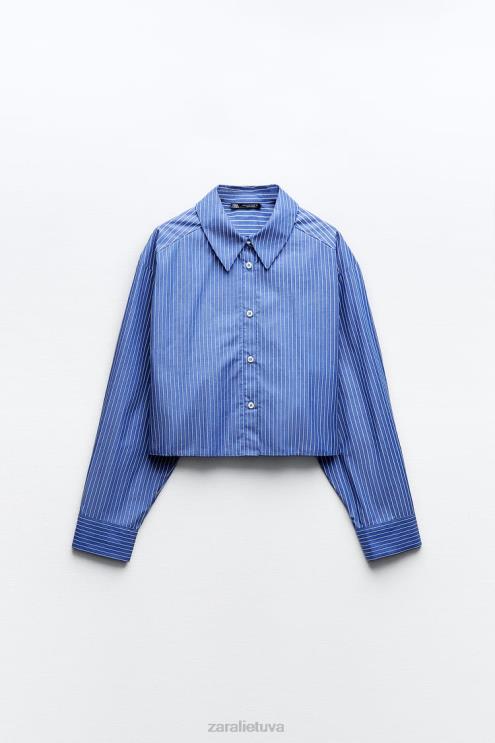 moterys Zara dryžuoti trumpinti marškiniai mėlyna/balta apranga 4N488288