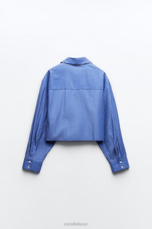 moterys Zara dryžuoti trumpinti marškiniai mėlyna/balta apranga 4N488288