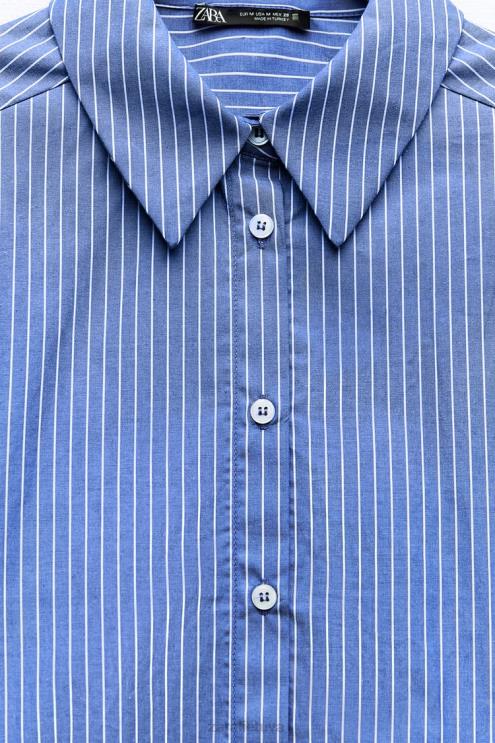 moterys Zara dryžuoti trumpinti marškiniai mėlyna/balta apranga 4N488288