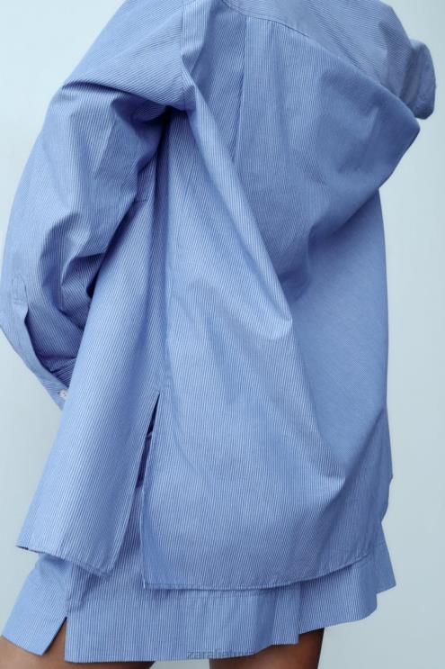 moterys Zara dryžuoti vyriško stiliaus poplino marškinėliai mėlyna apranga 4N488351