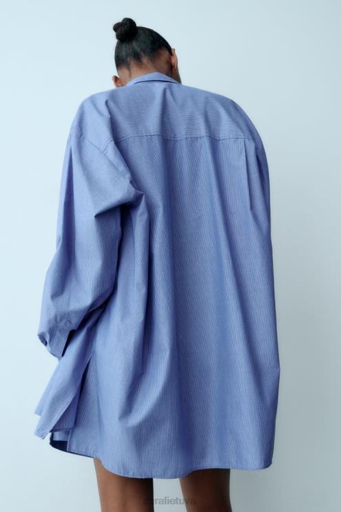 moterys Zara dryžuoti vyriško stiliaus poplino marškinėliai mėlyna apranga 4N488351