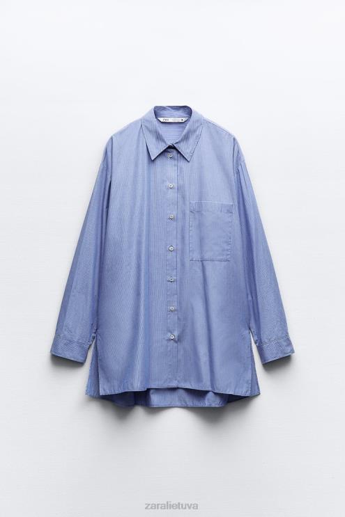 moterys Zara dryžuoti vyriško stiliaus poplino marškinėliai mėlyna apranga 4N488351