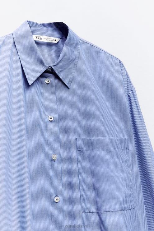 moterys Zara dryžuoti vyriško stiliaus poplino marškinėliai mėlyna apranga 4N488351