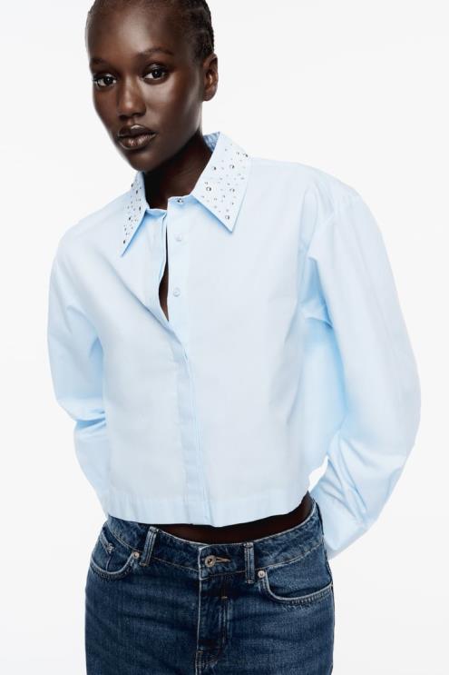 moterys Zara dygliuoti poplino marškinėliai dangaus mėlynumo apranga 4N488424