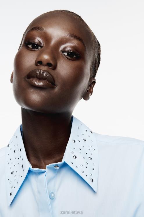 moterys Zara dygliuoti poplino marškinėliai dangaus mėlynumo apranga 4N488424