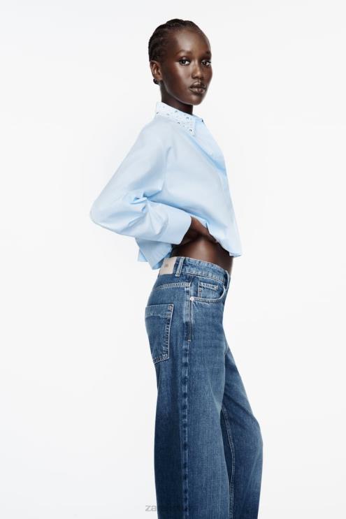 moterys Zara dygliuoti poplino marškinėliai dangaus mėlynumo apranga 4N488424