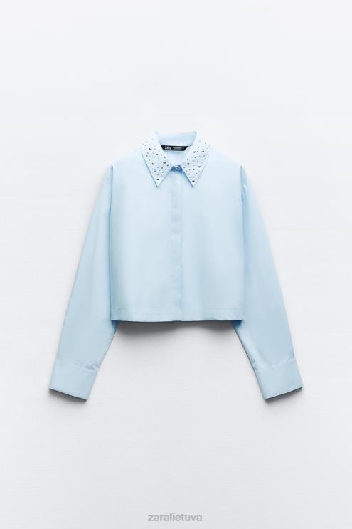 moterys Zara dygliuoti poplino marškinėliai dangaus mėlynumo apranga 4N488424