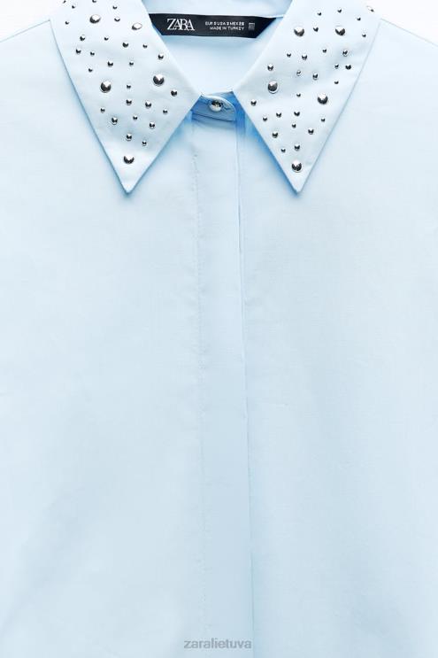 moterys Zara dygliuoti poplino marškinėliai dangaus mėlynumo apranga 4N488424