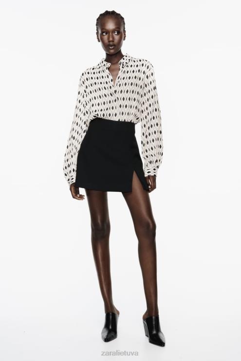 moterys Zara geometrinio rašto satino marškinėliai ekru/juoda apranga 4N488331