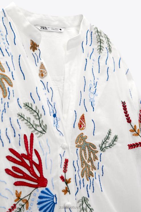 moterys Zara ilga siuvinėta palaidinė austrių baltumo apranga 4N488362