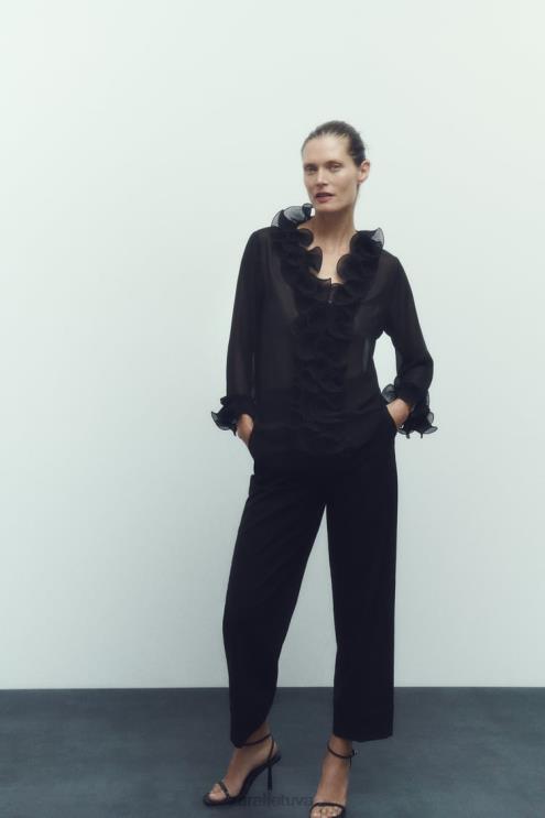 moterys Zara klostuota raukiniais pusiau permatoma palaidinė juodas apranga 4N488337