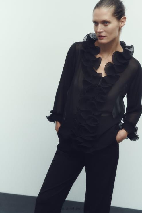 moterys Zara klostuota raukiniais pusiau permatoma palaidinė juodas apranga 4N488337