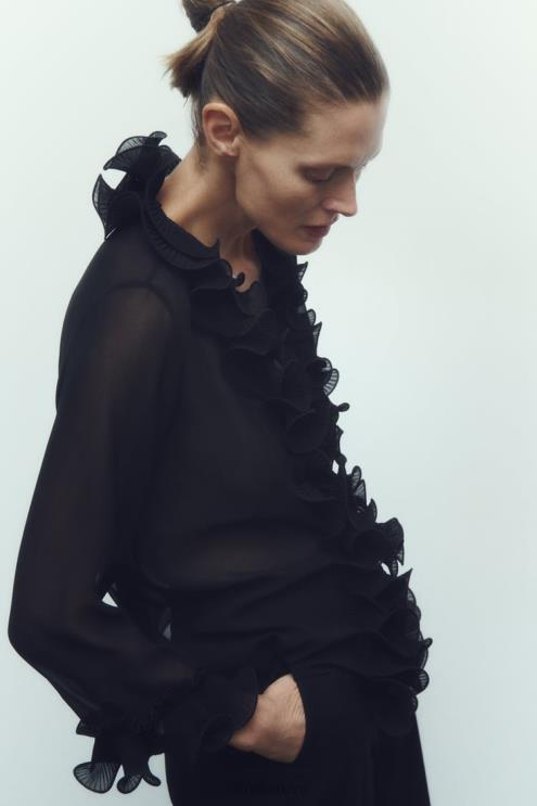 moterys Zara klostuota raukiniais pusiau permatoma palaidinė juodas apranga 4N488337