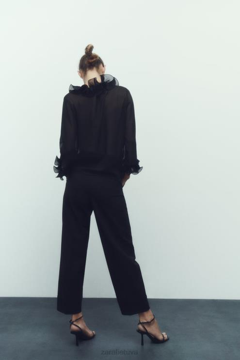 moterys Zara klostuota raukiniais pusiau permatoma palaidinė juodas apranga 4N488337