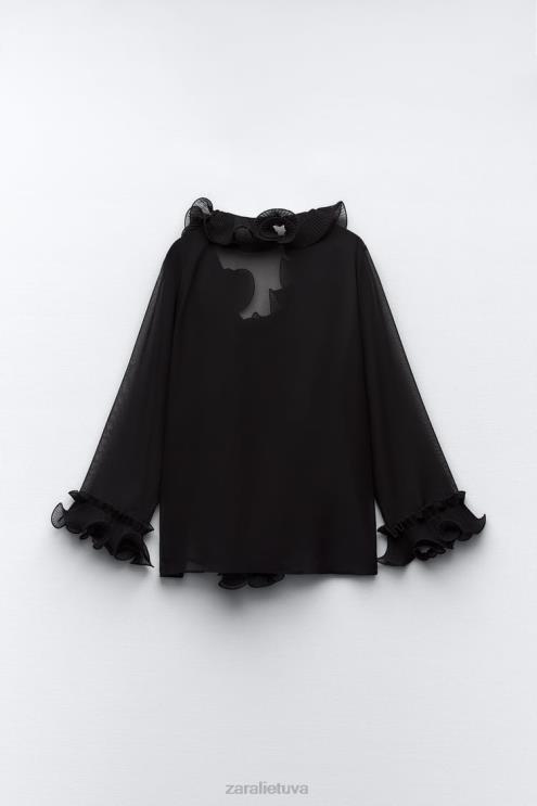 moterys Zara klostuota raukiniais pusiau permatoma palaidinė juodas apranga 4N488337