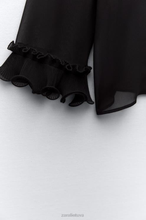 moterys Zara klostuota raukiniais pusiau permatoma palaidinė juodas apranga 4N488337