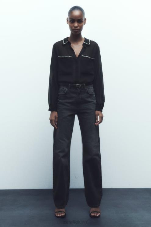 moterys Zara kombinuotos tekstūros marškiniai juodas apranga 4N488326