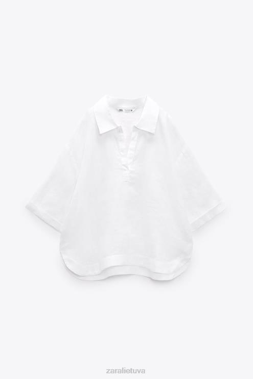 moterys Zara lininė palaidinė su polo apykakle austrių baltumo apranga 4N488346