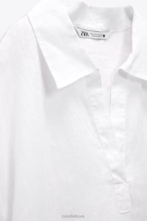 moterys Zara lininė palaidinė su polo apykakle austrių baltumo apranga 4N488346
