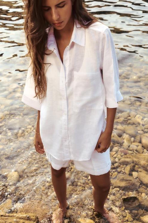 moterys Zara lininiai marškiniai su kišenėmis austrių baltumo apranga 4N488377