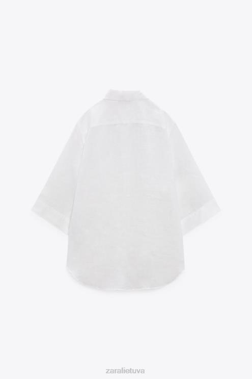 moterys Zara lininiai marškiniai su kišenėmis austrių baltumo apranga 4N488377
