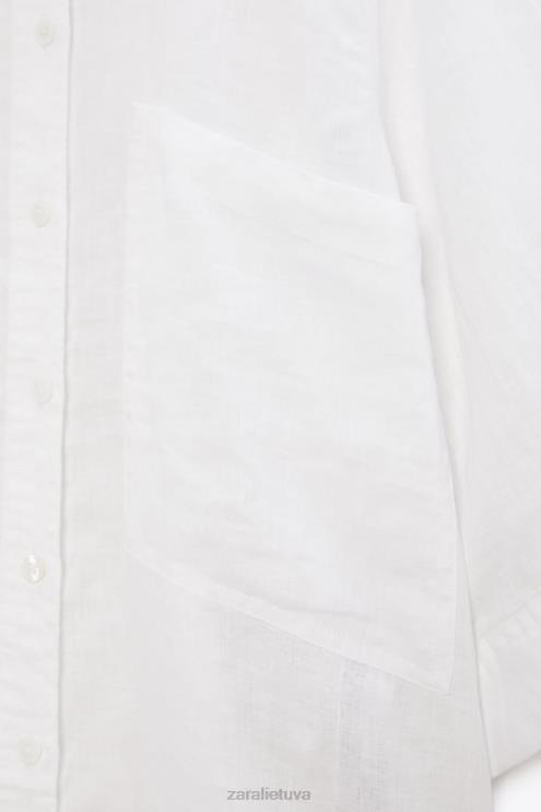 moterys Zara lininiai marškiniai su kišenėmis austrių baltumo apranga 4N488377