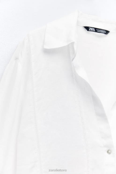 moterys Zara lininiai marškiniai su nėriniais baltas apranga 4N488418