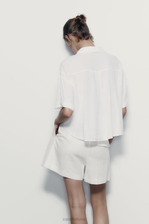 moterys Zara lino mišinio crop marškinėliai baltas apranga 4N488343