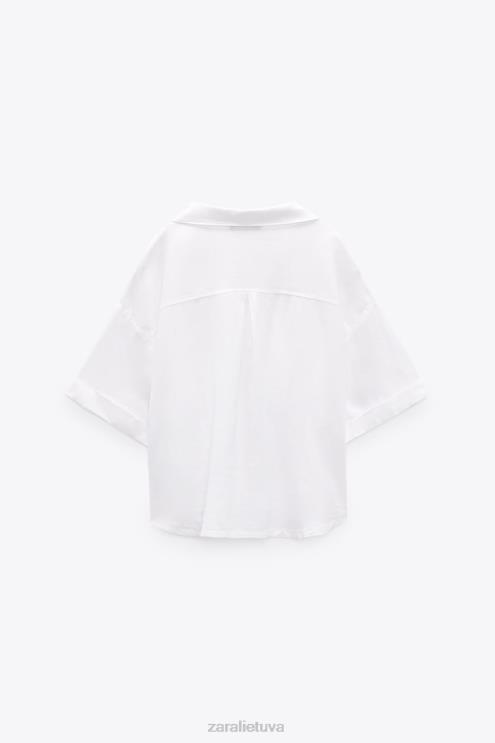 moterys Zara lino mišinio crop marškinėliai baltas apranga 4N488343