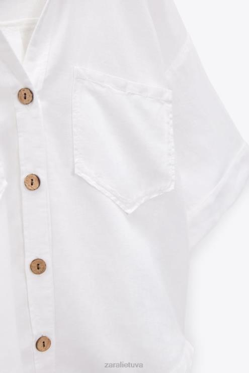moterys Zara lino mišinio crop marškinėliai baltas apranga 4N488343
