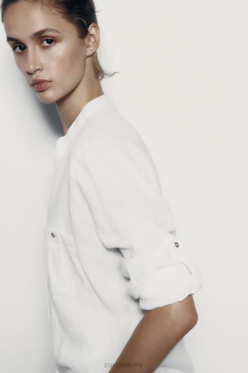 moterys Zara lino mišinio marškinėliai su rankovėmis baltas apranga 4N488374