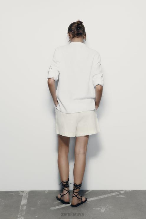 moterys Zara lino mišinio marškinėliai su rankovėmis baltas apranga 4N488374