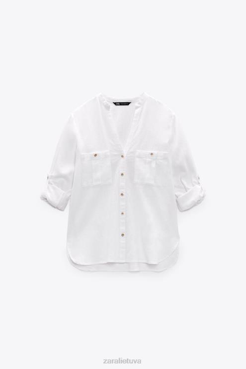 moterys Zara lino mišinio marškinėliai su rankovėmis baltas apranga 4N488374