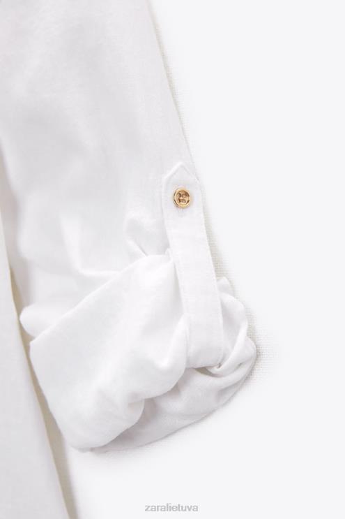 moterys Zara lino mišinio marškinėliai su rankovėmis baltas apranga 4N488374