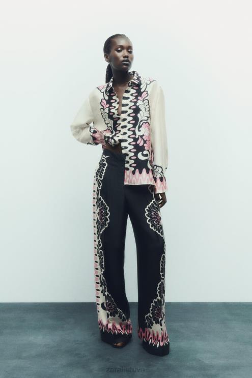 moterys Zara marškinėliai su gėlių raštu ekru/juoda apranga 4N488360