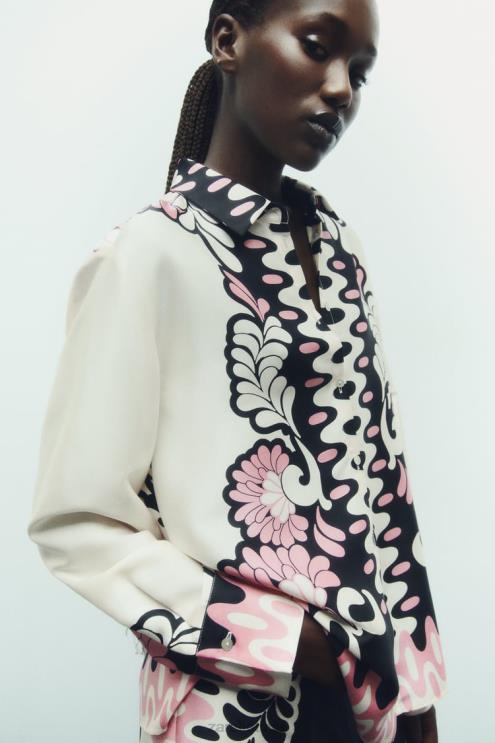 moterys Zara marškinėliai su gėlių raštu ekru/juoda apranga 4N488360