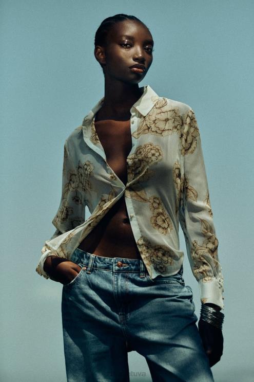 moterys Zara marškinėliai su gėlių raštu smėlio/mėlyna apranga 4N488419