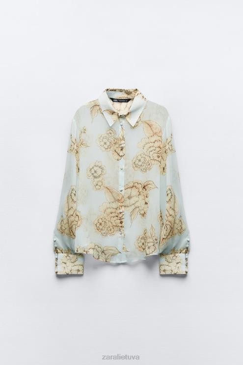 moterys Zara marškinėliai su gėlių raštu smėlio/mėlyna apranga 4N488419