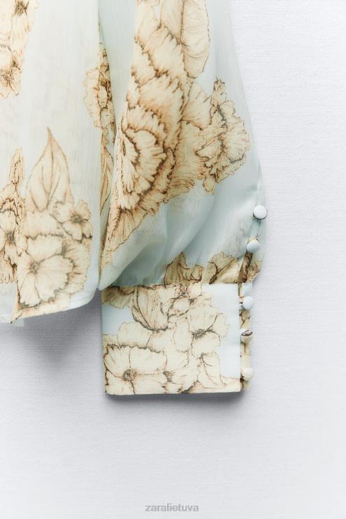 moterys Zara marškinėliai su gėlių raštu smėlio/mėlyna apranga 4N488419