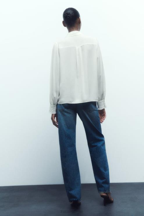 moterys Zara marškiniai su kontrastingu kaklaraiščiu baltas apranga 4N488316