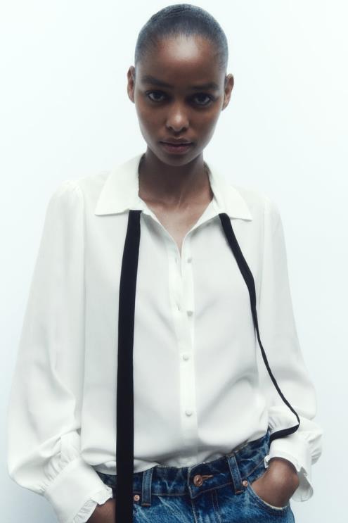 moterys Zara marškiniai su kontrastingu kaklaraiščiu baltas apranga 4N488316