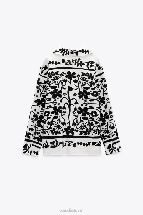 moterys Zara marginti lino mišinio marškiniai ekru/juoda apranga 4N488378