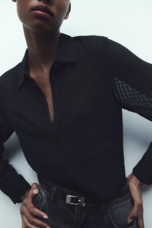 moterys Zara mišrios tekstūros pusiau permatomi marškiniai juodas apranga 4N488359