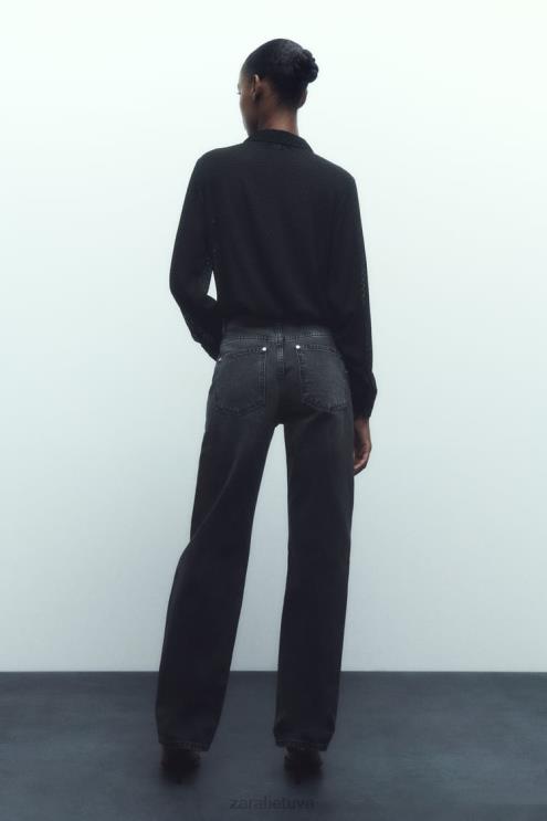 moterys Zara mišrios tekstūros pusiau permatomi marškiniai juodas apranga 4N488359