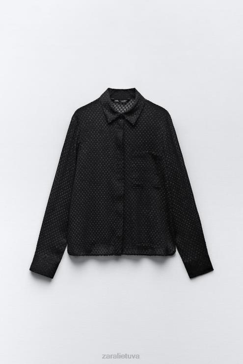 moterys Zara mišrios tekstūros pusiau permatomi marškiniai juodas apranga 4N488359